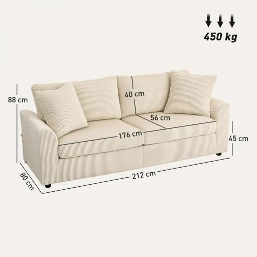 Sofá de 3 Plazas Tapizado en Pana con 2 Almohadas Reposabrazos y Cojín de Muelles para Salón 212x80x88 cm Crema [1]