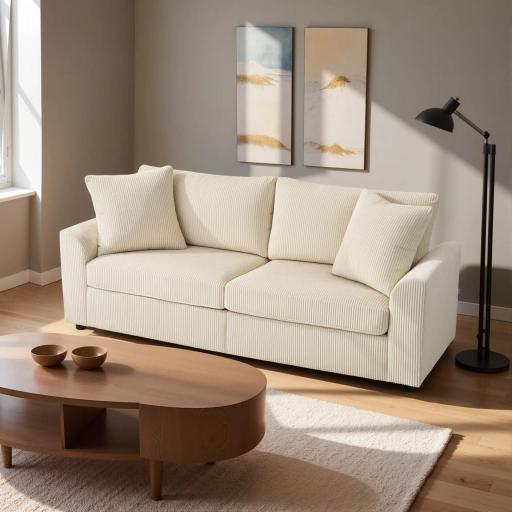 Sofá de 3 Plazas Tapizado en Pana con 2 Almohadas Reposabrazos y Cojín de Muelles para Salón 212x80x88 cm Crema [5]