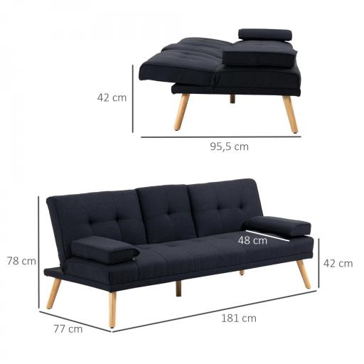 Sofá Cama 3 Plazas Plegable con Respaldo Ajustable de 3 Niveles Reposabrazos Desmontable 181x77x78 cm Gris Oscuro [1]
