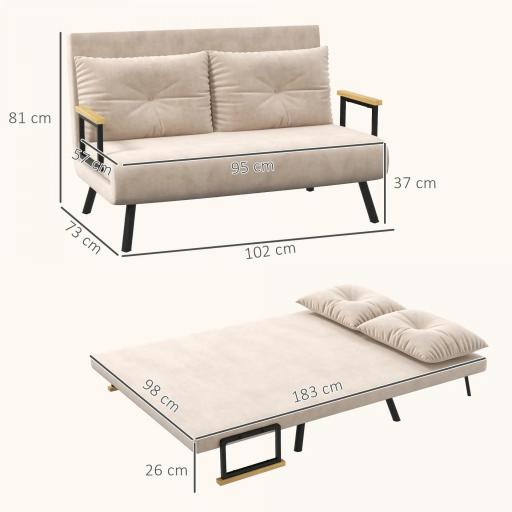 Sofá Cama Convertible 4 en 1 Sillón Cama 2 Plazas Plegable Respaldo Ajustable de 5 Niveles Almohadas 102x73x81cm Beige [1]
