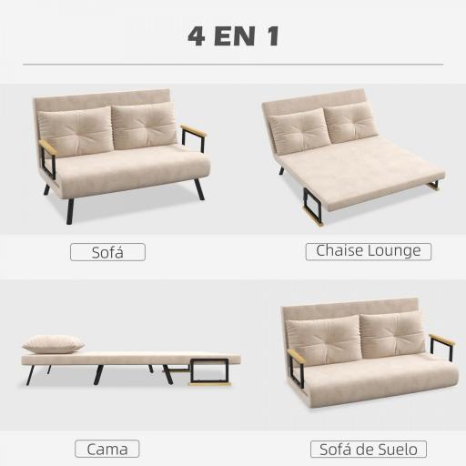 Sofá Cama Convertible 4 en 1 Sillón Cama 2 Plazas Plegable Respaldo Ajustable de 5 Niveles Almohadas 102x73x81cm Beige [2]