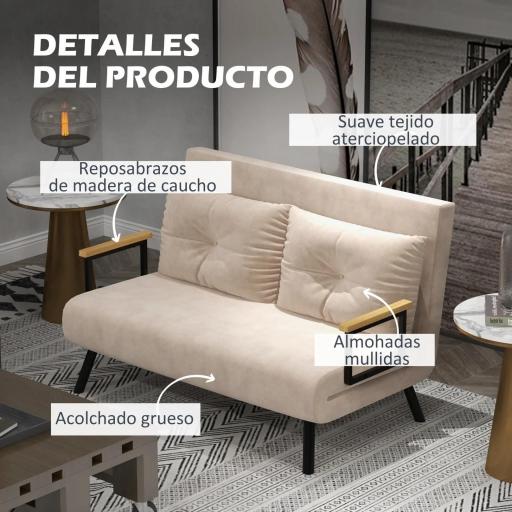 Sofá Cama Convertible 4 en 1 Sillón Cama 2 Plazas Plegable Respaldo Ajustable de 5 Niveles Almohadas 102x73x81cm Beige [4]