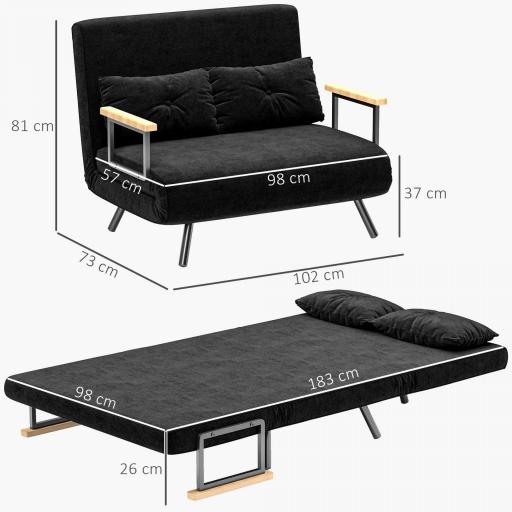 Sofá Cama Convertible 4 en 1 Sillón Cama 2 Plazas Plegable Respaldo Ajustable de 5 Niveles Almohadas 102x73x81cm Negro [1]