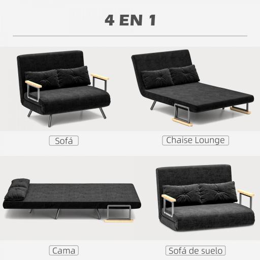 Sofá Cama Convertible 4 en 1 Sillón Cama 2 Plazas Plegable Respaldo Ajustable de 5 Niveles Almohadas 102x73x81cm Negro [2]