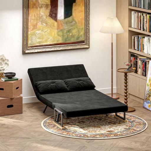 Sofá Cama Convertible 4 en 1 Sillón Cama 2 Plazas Plegable Respaldo Ajustable de 5 Niveles Almohadas 102x73x81cm Negro [6]