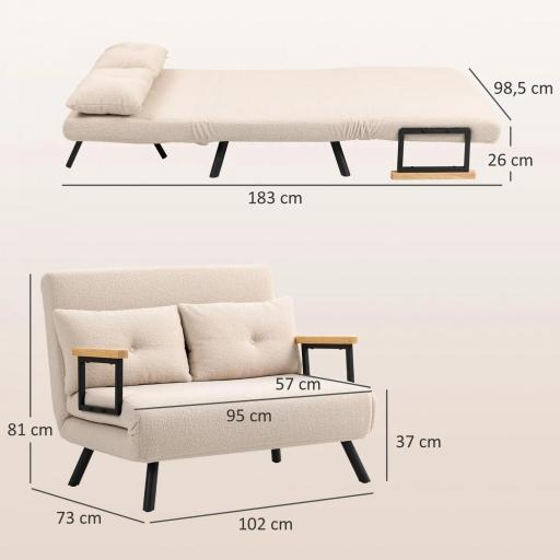 Sofá Cama Convertible 3 en 1 Sillón Cama 2 Plazas Plegable Respaldo Ajustable de 5 Niveles Almohadas 102x73x81cm Beige [1]
