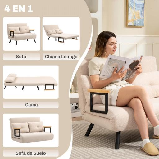 Sofá Cama Convertible 3 en 1 Sillón Cama 2 Plazas Plegable Respaldo Ajustable de 5 Niveles Almohadas 102x73x81cm Beige [4]