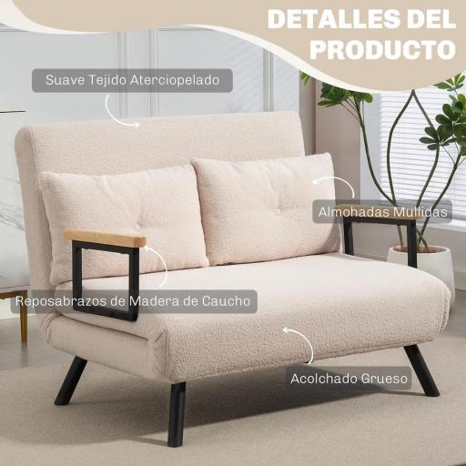 Sofá Cama Convertible 3 en 1 Sillón Cama 2 Plazas Plegable Respaldo Ajustable de 5 Niveles Almohadas 102x73x81cm Beige [6]