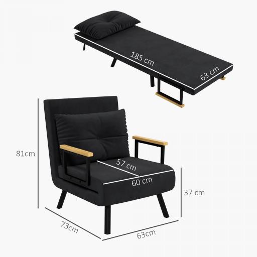 Sofá Cama Individual Plegable Silla Cama Convertible 4 en 1 Respaldo Ajustable de 5 Niveles y Almohada 63x73x81 cm Negro [1]