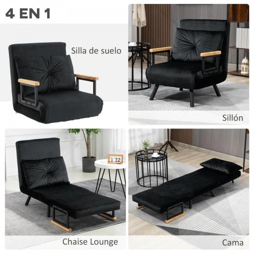 Sofá Cama Individual Plegable Silla Cama Convertible 4 en 1 Respaldo Ajustable de 5 Niveles y Almohada 63x73x81 cm Negro [4]
