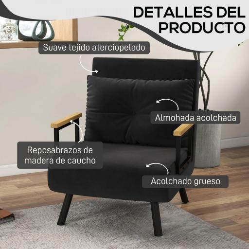 Sofá Cama Individual Plegable Silla Cama Convertible 4 en 1 Respaldo Ajustable de 5 Niveles y Almohada 63x73x81 cm Negro [3]