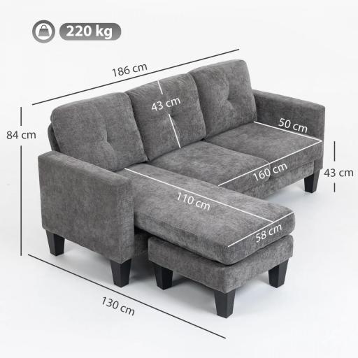 Sofá Chaise Longue Reversible con Estructura de Acero Tapizado en Chenilla 186x130x84cm Gris Oscuro [1]