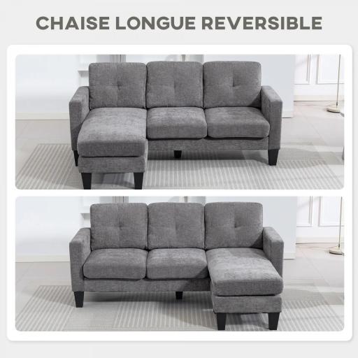 Sofá Chaise Longue Reversible con Estructura de Acero Tapizado en Chenilla 186x130x84cm Gris Oscuro [4]