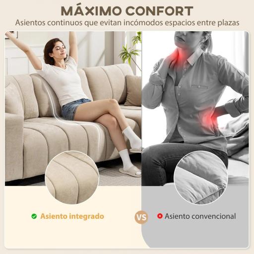 Sofá Chaise Longue Reversible de 3 Plazas 2 Almohadas Tapizado en Lino Marco de Acero 242x156x87 cm Beige [6]