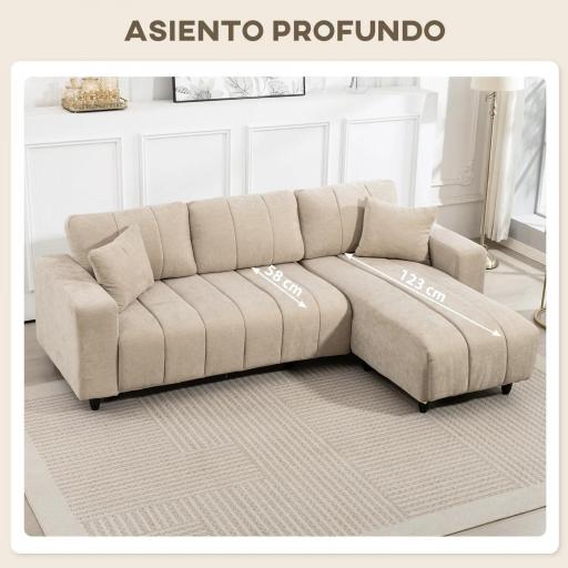 Sofá Chaise Longue Reversible de 3 Plazas 2 Almohadas Tapizado en Lino Marco de Acero 242x156x87 cm Beige [4]