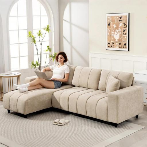 Sofá Chaise Longue Reversible de 3 Plazas 2 Almohadas Tapizado en Lino Marco de Acero 242x156x87 cm Beige [7]