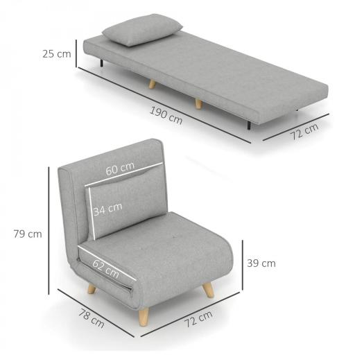 Sillón Cama Plegable Tapizado en Lino Sintético con Respaldo Ajustable en 6 Posiciones y Almohada 72x78x79 cm Gris [1]