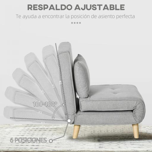 Sillón Cama Plegable Tapizado en Lino Sintético con Respaldo Ajustable en 6 Posiciones y Almohada 72x78x79 cm Gris [4]