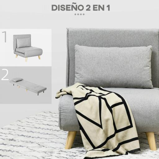 Sillón Cama Plegable Tapizado en Lino Sintético con Respaldo Ajustable en 6 Posiciones y Almohada 72x78x79 cm Gris [6]