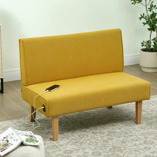 Sofá de 2 Plazas Tapizado en Pana con 2 Puertos USB 1 Puerto Tipo-C y Patas de Madera Carga 240 kg 110x60x85 cm Amarillo