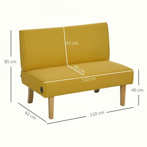 Sofá de 2 Plazas Tapizado en Pana con 2 Puertos USB 1 Puerto Tipo-C y Patas de Madera Carga 240 kg 110x60x85 cm Amarillo [1]