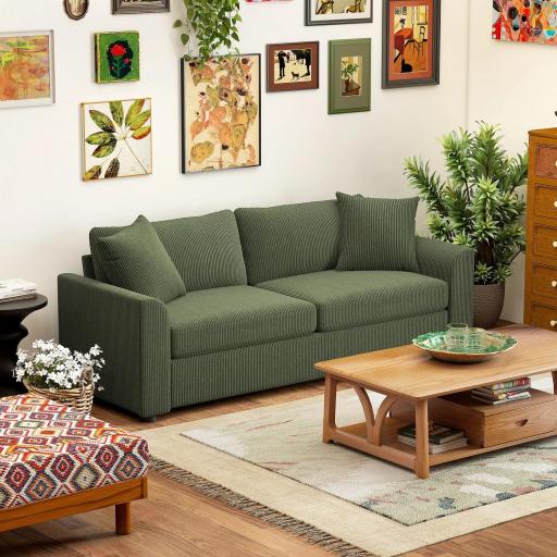 Sofá de 3 Plazas Tapizado en Pana con 2 Almohadas Reposabrazos y Cojín de Muelles 212x80x88 cm Verde