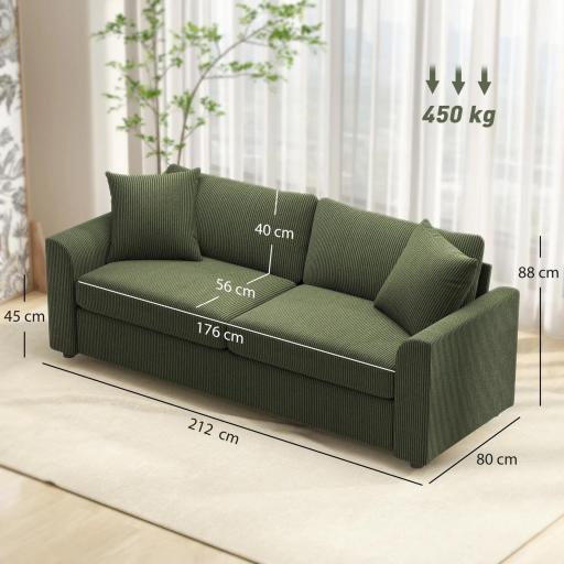 Sofá de 3 Plazas Tapizado en Pana con 2 Almohadas Reposabrazos y Cojín de Muelles 212x80x88 cm Verde [1]