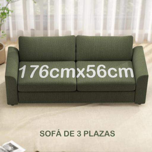 Sofá de 3 Plazas Tapizado en Pana con 2 Almohadas Reposabrazos y Cojín de Muelles 212x80x88 cm Verde [3]