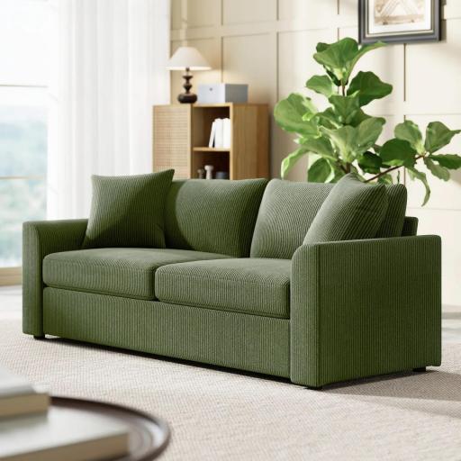 Sofá de 3 Plazas Tapizado en Pana con 2 Almohadas Reposabrazos y Cojín de Muelles 212x80x88 cm Verde [6]