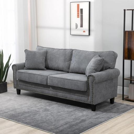 Sofá de 3 Plazas con Tachuelas Oro Envejecido Tapizado en Poliéster con 2 Cojines Decorativos 196x80,5x89 cm Gris