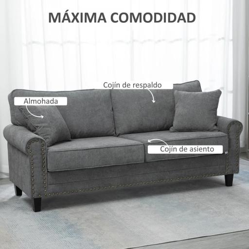 Sofá de 3 Plazas con Tachuelas Oro Envejecido Tapizado en Poliéster con 2 Cojines Decorativos 196x80,5x89 cm Gris [2]