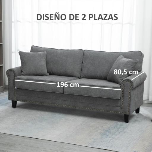Sofá de 3 Plazas con Tachuelas Oro Envejecido Tapizado en Poliéster con 2 Cojines Decorativos 196x80,5x89 cm Gris [4]