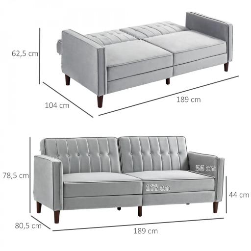 Sofá Cama de 3 Plazas Sofá Cama Convertible de Terciopelo con Respaldo Reclinable y Patas de Madera 189x80,5x78,5cm Gris [2]