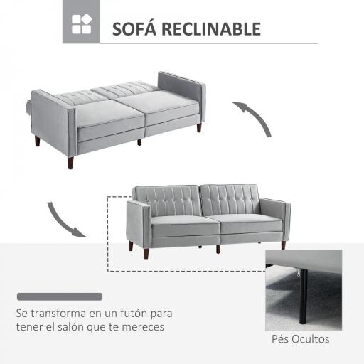 Sofá Cama de 3 Plazas Sofá Cama Convertible de Terciopelo con Respaldo Reclinable y Patas de Madera 189x80,5x78,5cm Gris [1]