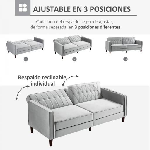 Sofá Cama de 3 Plazas Sofá Cama Convertible de Terciopelo con Respaldo Reclinable y Patas de Madera 189x80,5x78,5cm Gris [3]