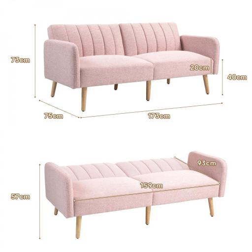Sofá Cama de 3 Plazas Rosa Pastel Tapizado en Lino Sintético con Respaldo Ajustable y Reposabrazos Desmontables 173x75x73 cm Rosa [1]