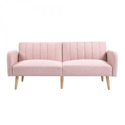 Sofá Cama de 3 Plazas Rosa Pastel Tapizado en Lino Sintético con Respaldo Ajustable y Reposabrazos Desmontables 173x75x73 cm Rosa [8]