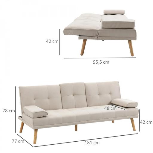 Sofá Cama 3 Plazas con Respaldo Ajustable de 3 Niveles Reposabrazos Desmontable 181x77x78 cm Beige [1]