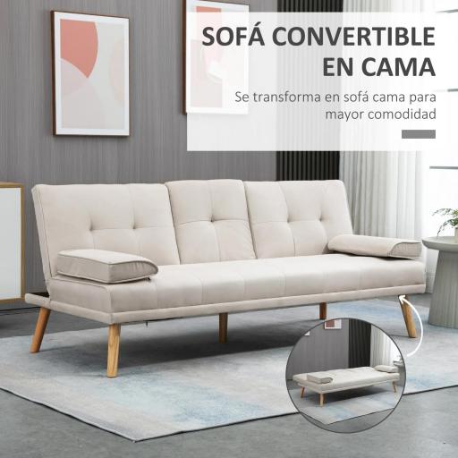 Sofá Cama 3 Plazas con Respaldo Ajustable de 3 Niveles Reposabrazos Desmontable 181x77x78 cm Beige [2]