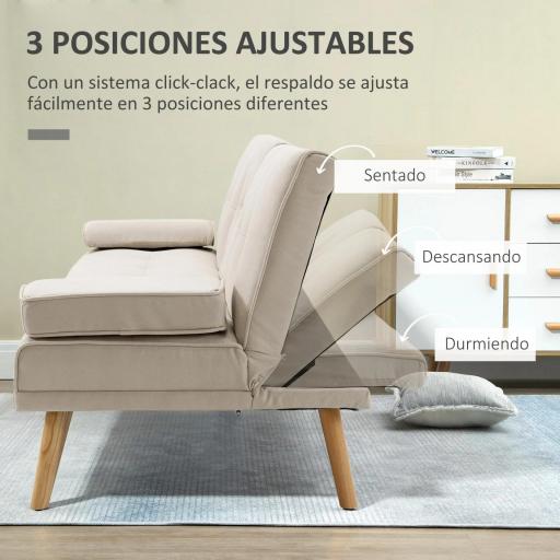 Sofá Cama 3 Plazas con Respaldo Ajustable de 3 Niveles Reposabrazos Desmontable 181x77x78 cm Beige [3]