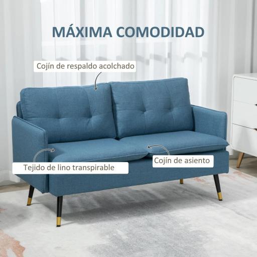 Sofá de Salón de 2 Plazas Moderno con 4 Cojines Reposabrazos y Patas de Acero Carga 240 kg 139x68x80 cm Azul [3]