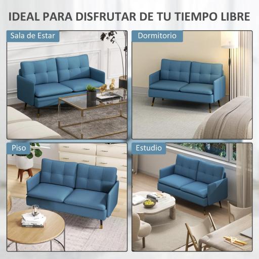Sofá de Salón de 2 Plazas Moderno con 4 Cojines Reposabrazos y Patas de Acero Carga 240 kg 139x68x80 cm Azul [4]
