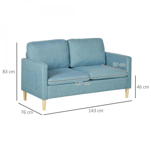 Sofá de 2 Plazas Tapizado en Poliéster con 2 Bolsillos Laterales Reposabrazos y Patas de Madera 143x76x83 cm Azul Claro [1]