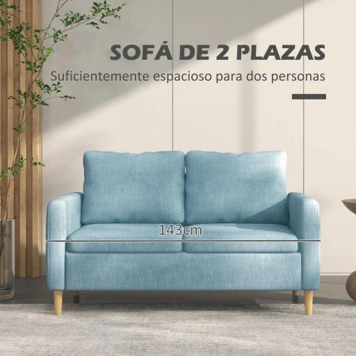Sofá de 2 Plazas Tapizado en Poliéster con 2 Bolsillos Laterales Reposabrazos y Patas de Madera 143x76x83 cm Azul Claro [4]