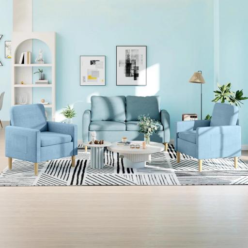 Sofá de 2 Plazas Tapizado en Poliéster con 2 Bolsillos Laterales Reposabrazos y Patas de Madera 143x76x83 cm Azul Claro [6]