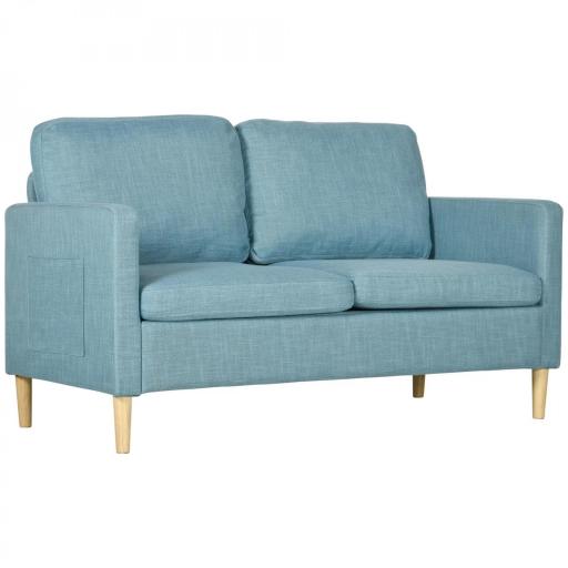 Sofá de 2 Plazas Tapizado en Poliéster con 2 Bolsillos Laterales Reposabrazos y Patas de Madera 143x76x83 cm Azul Claro [9]