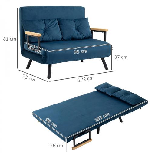 Sofá Cama Convertible 4 en 1 Sillón Cama 2 Plazas Plegable Respaldo Ajustable de 5 Niveles Almohadas 102x73x81 cm Azul [1]