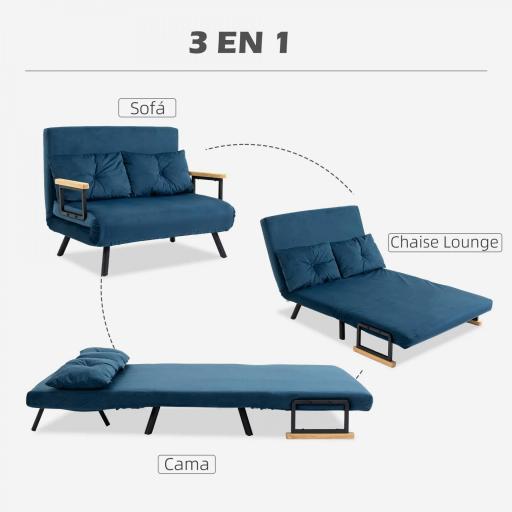 Sofá Cama Convertible 4 en 1 Sillón Cama 2 Plazas Plegable Respaldo Ajustable de 5 Niveles Almohadas 102x73x81 cm Azul [3]