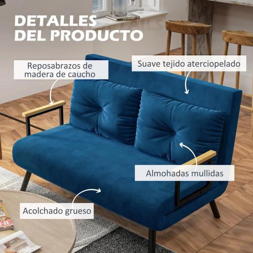 Sofá Cama Convertible 4 en 1 Sillón Cama 2 Plazas Plegable Respaldo Ajustable de 5 Niveles Almohadas 102x73x81 cm Azul [4]