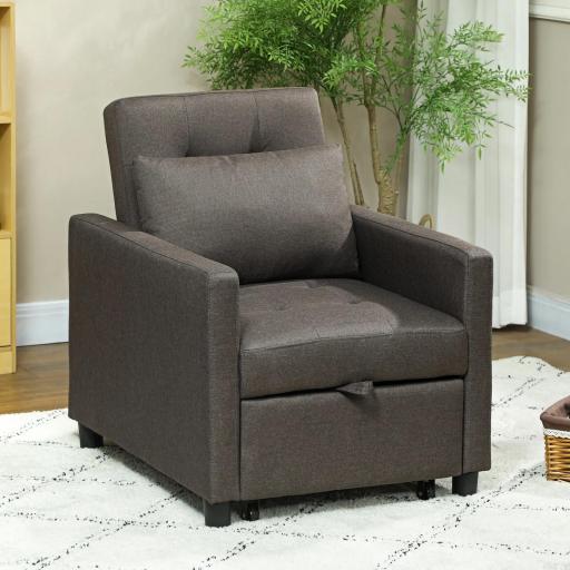 Sofá Cama de 1 Plaza Tapizado en Lino con Respaldo Ajustable de 3 Niveles y Almohada Acolchada 69x82,5x84 cm Marrón